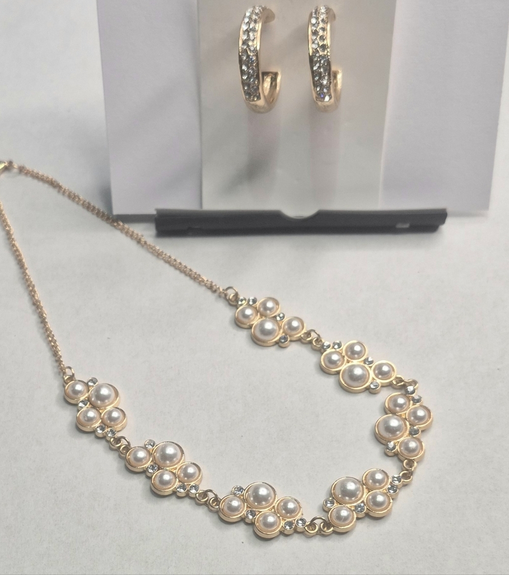 Gold-Tone Pearl Cluster Necklace and Crystal Gold-Tone Earrings